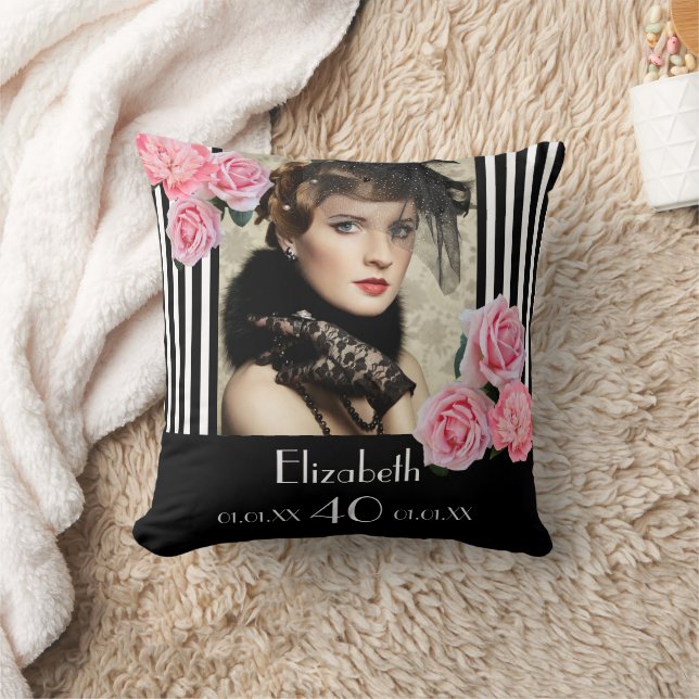 Coussin Bande blanche noire fleurs photo 40e anniversaire (Couverture)
