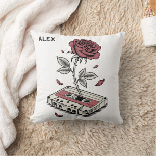 Coussin Bande Cassette Rétro Rose Nom Personnalisé