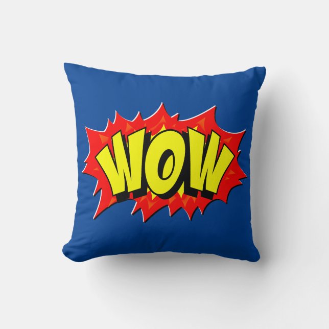 Coussin Bande dessinée Pop Art Retro Jaune Rouge Bleu WOW (Recto)