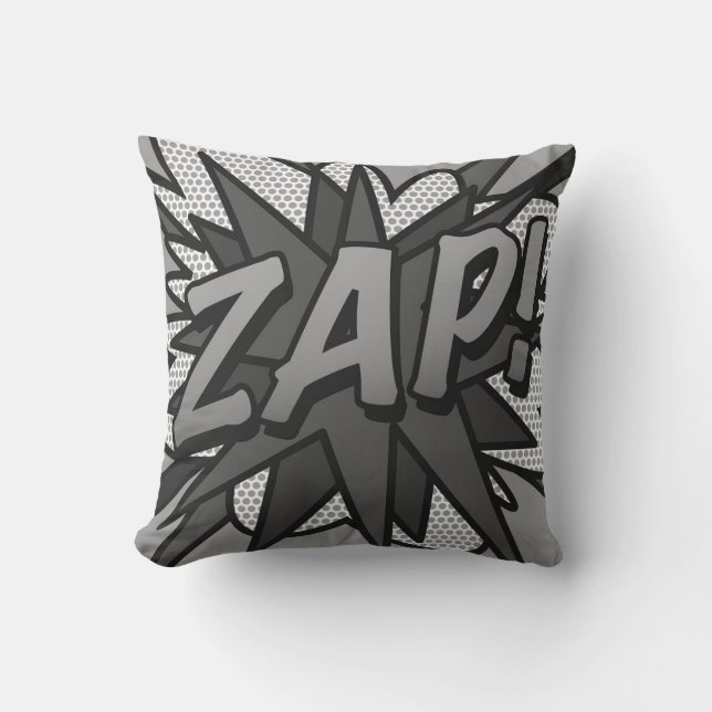 Coussin Bande dessinée rétro amusante ZAP POW noir et blan (Recto)