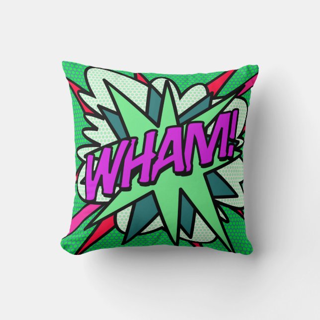 Coussin Bande dessinée verte cool moderne WHAM (Recto)