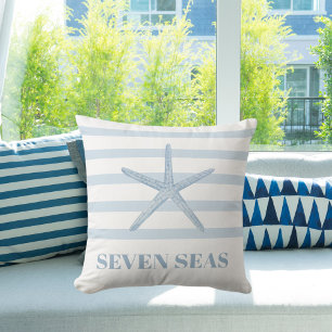 Coussin Bande d'étoiles de mer bleu clair texte côtier