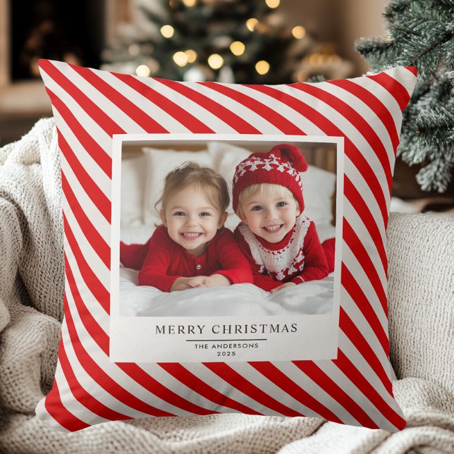 Coussin Bande rouge avec photo Joyeux Noël et nom (Créateur téléchargé)