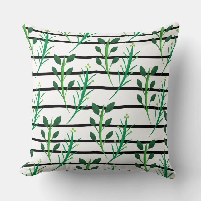 Coussin Bandes adorables noir blanc vert feuilles modernes (Recto)