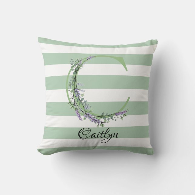 Coussin Bandes blanches vert sauge doux monogramme botaniq (Recto)