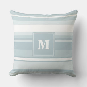 Coussin Bandes bleu glace monogramme