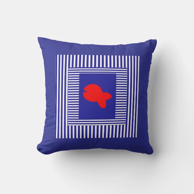 Coussin Bandes Bleues Blanches Poissons Rouges Centre (Recto)