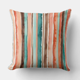 Coussin Bandes d'aquarelle turquoise, orange et marron