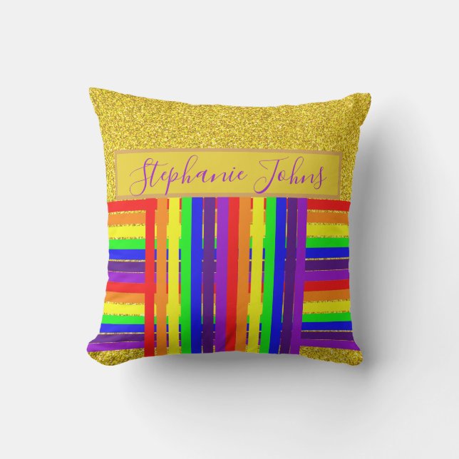 Coussin Bandes de couleur arc-en-ciel Nom Mariage Paillett (Recto)