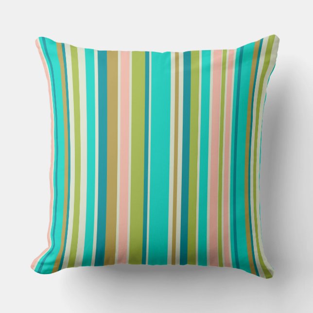 Coussin Bandes de pêche et turquoise roses rétro-verticale (Recto)