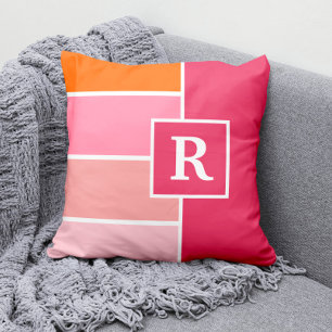 Coussin Bandes en rose, blanc et orange avec Monogramme
