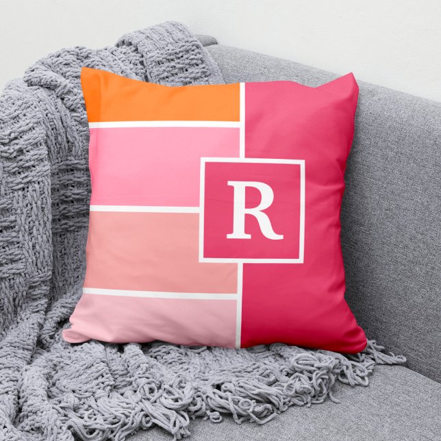 Coussin Bandes en rose, blanc et orange avec Monogramme (Créateur téléchargé)