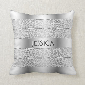 Coussin Bandes Florales Argent Et Blanc