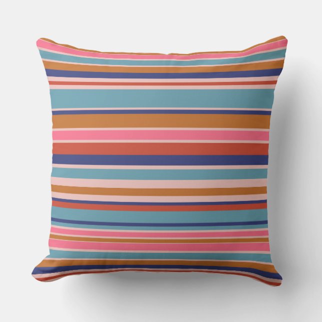Coussin Bandes horizontales bleu rose terre cuite rétro (Recto)