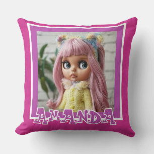 Coussin Bandes horizontales lilas rose avec décor pois pol