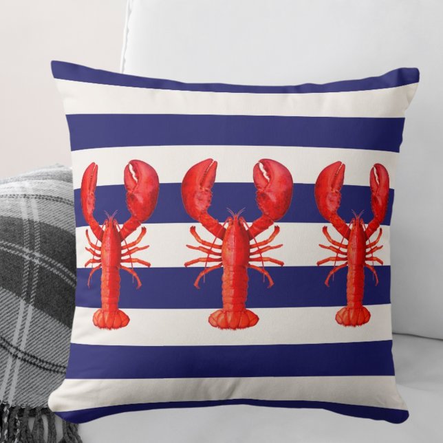 Coussin Bandes marines blanches bleues de homards rouges (Créateur téléchargé)