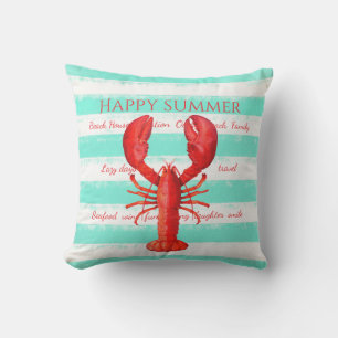 Coussin Bandes marines blanches de homard rouge turquoise
