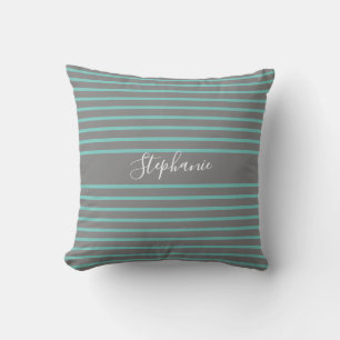 Coussin Bandes Motifs Nom personnalisé Blanc Gris Turquois