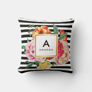 Coussin Bandes noires Aquarelle Peony Flowers Monogramme