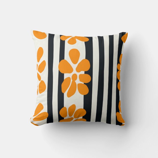 Coussin Bandes noires et blanches et Fleurs MOD orange (Recto)