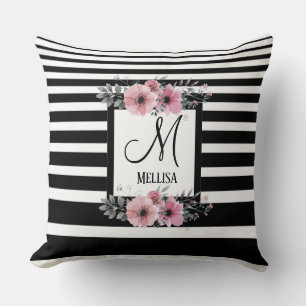 Coussin Bandes noires et blanches Monogramme floral rose