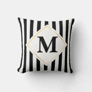Coussin Bandes noires et blanches Monogramme or blanc