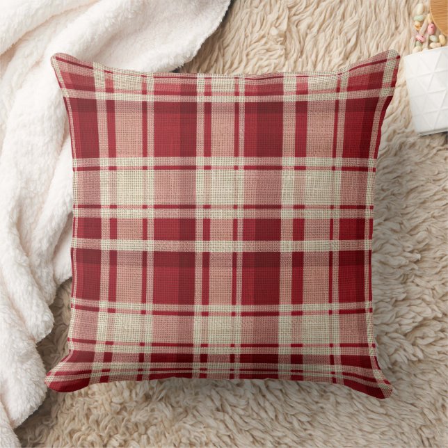 Coussin Bandes Plaid Crème Rouge (Couverture)