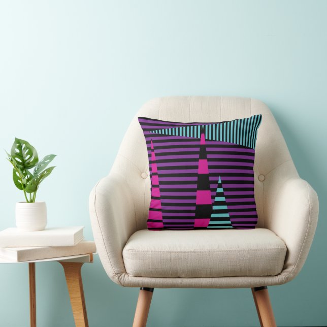 Coussin Bandes sur bandes - rose, pourpre, bleu et noir (Chaise)
