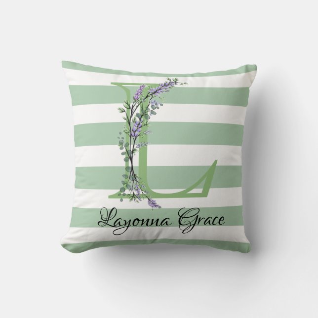 Coussin Bandes vertes douces monogramme lavande verdure (Recto)