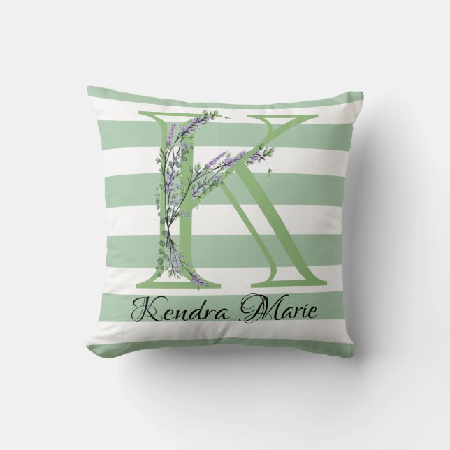 Coussin Bandes vertes douces monogramme verdure lavande (Recto)