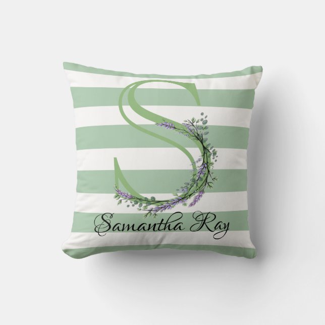 Coussin Bandes vertes douces monogramme verdure lavande (Recto)