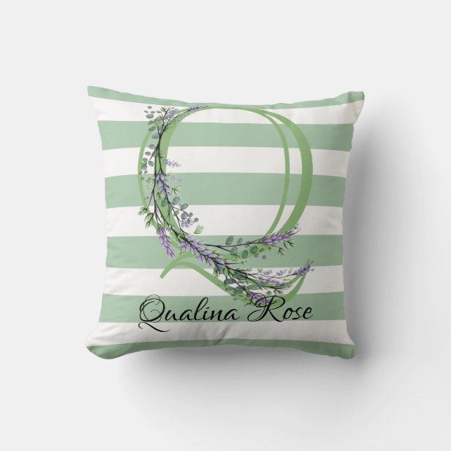 Coussin Bandes vertes douces monogramme verdure lavande (Recto)