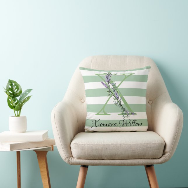 Coussin Bandes vertes douces monogramme verdure lavande (Chaise)