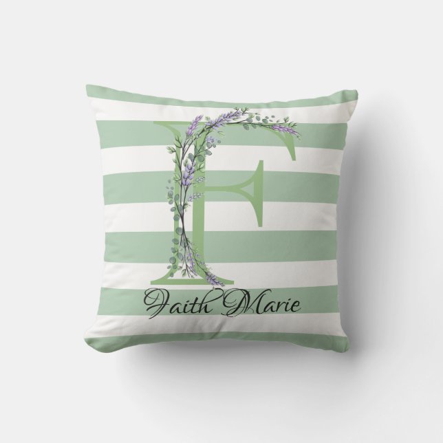 Coussin Bandes vertes doux monogramme lavande verdure (Recto)