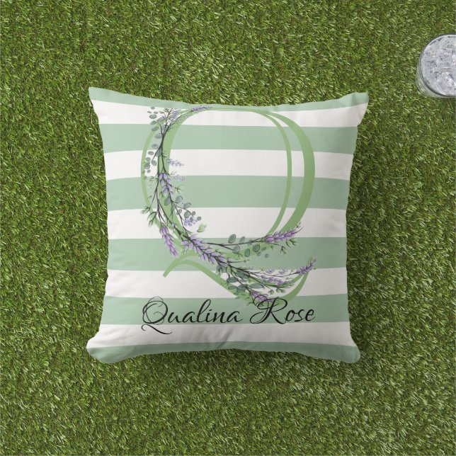 Coussin Bandes vertes doux monogramme lavande verdure (Herbe)