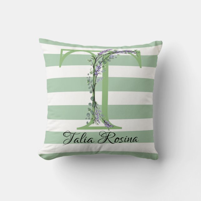 Coussin Bandes vertes doux monogramme lavande verdure (Recto)