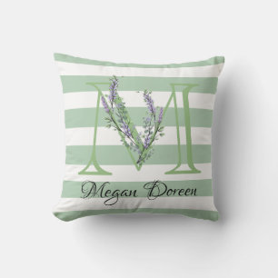 Coussin Bandes vertes doux monogramme lavande verdure