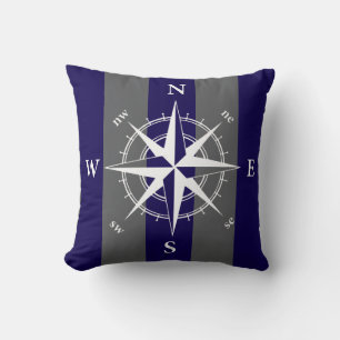 Coussin Bandes verticales bleu boussole marine gris