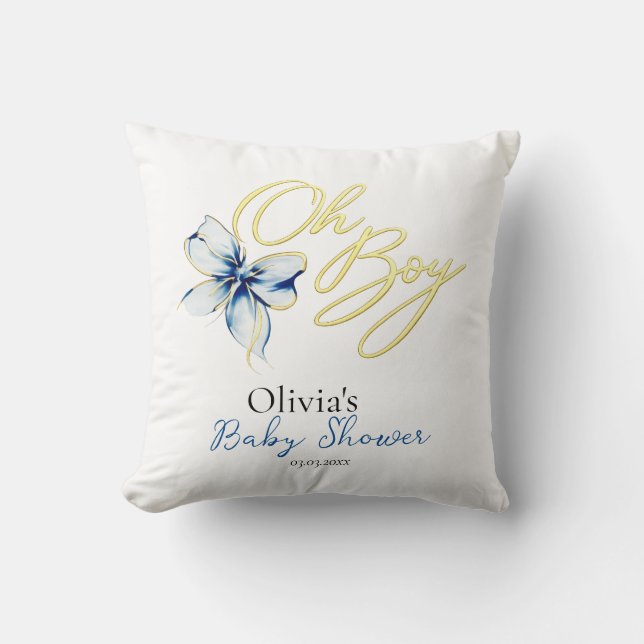 Coussin Baptême bébé « Oh Boy » Bleu et Or Typographie Or (Recto)