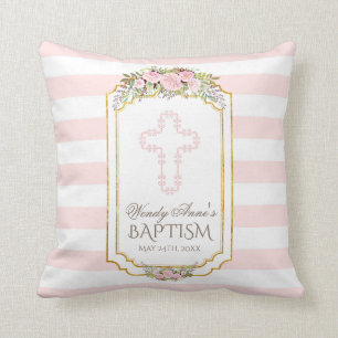 Coussin Baptême d'or floral rose rayures