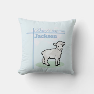 Coussin Baptême Garçon Agneau Bleu, Personnalisable