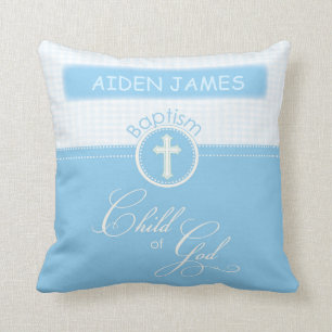 Coussin Baptême, Nom Personnalisé, Enfant Bleu de Dieu