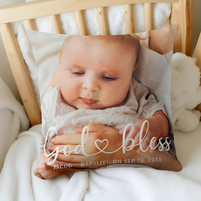 Coussin Baptême Simple Moderne Coeur Photo Bébé (Créateur téléchargé)