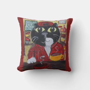 Coussin Barista Cat Folk Art Peinture Café Fun