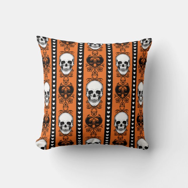 Coussin Baroque Crâne Motif Orange Noir (Recto)