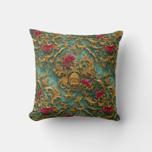 Coussin Baroque Floral Émeraude avec Ornements Dorés