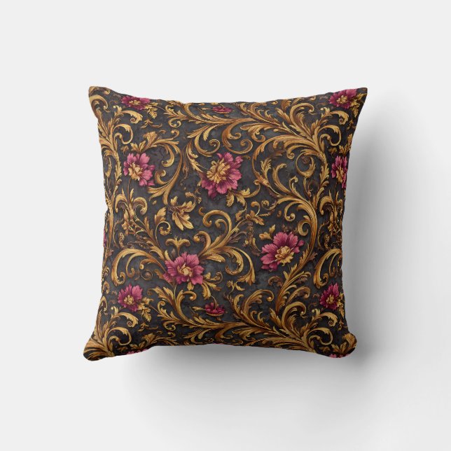 Coussin Baroque Floral Foncé avec Rinceaux Dorés (Verso)