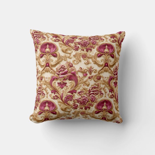 Coussin Baroque Floral Luxueux Or et Bourgogne (Recto)
