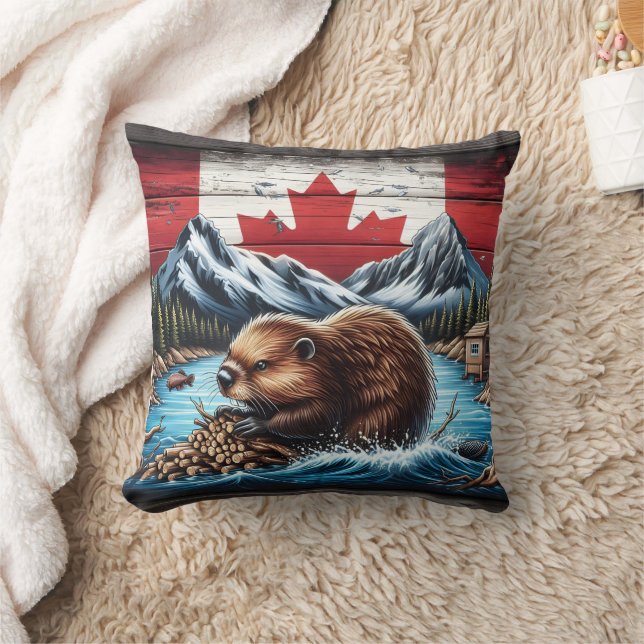Coussin Barrage Beaver Building avec Arrière - plan Drapea (Couverture)