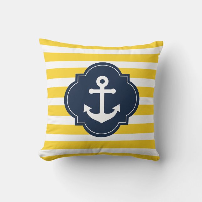 Coussin barré par Ancre nautique blanche et jaune (Recto)